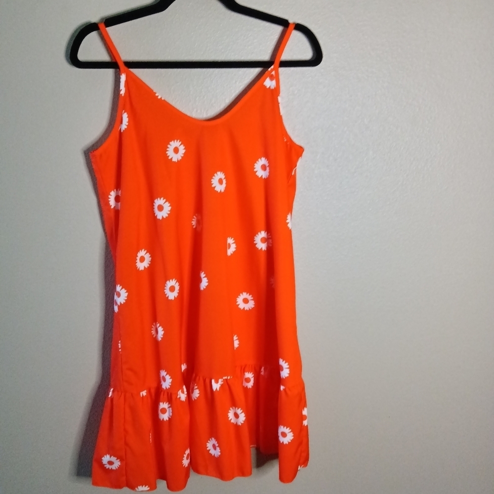 SHEIN Orange Daisy Tank Dress Spaghetti Straps Ruffled Hem Small - Picture 2 of 12